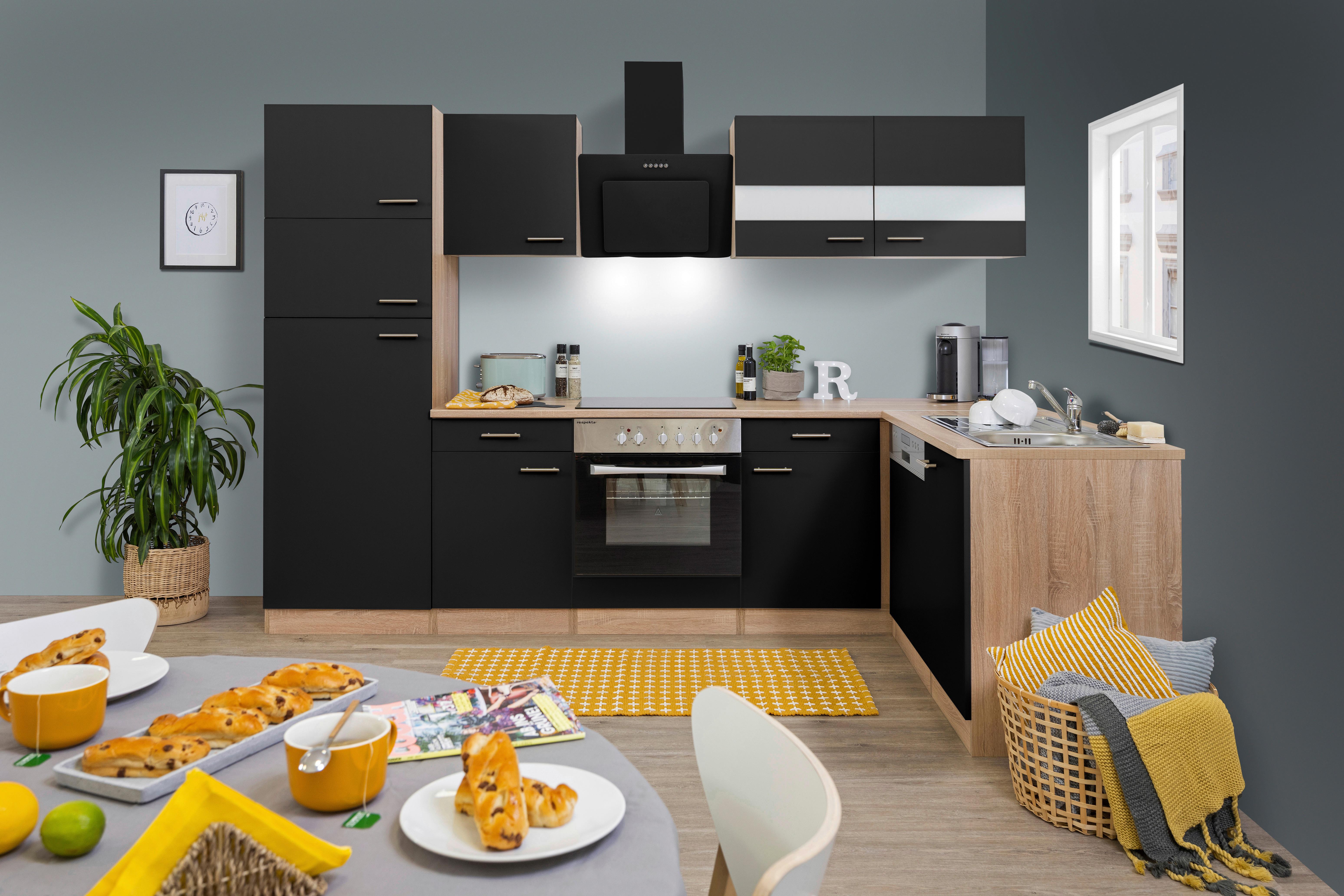 Eckküche ohne Geräte 280x172 cm Schwarz/Eiche Dekor, Modern - Eichefarben/Schwarz, Basics, Holzwerkstoff (280/172cm) - Respekta
