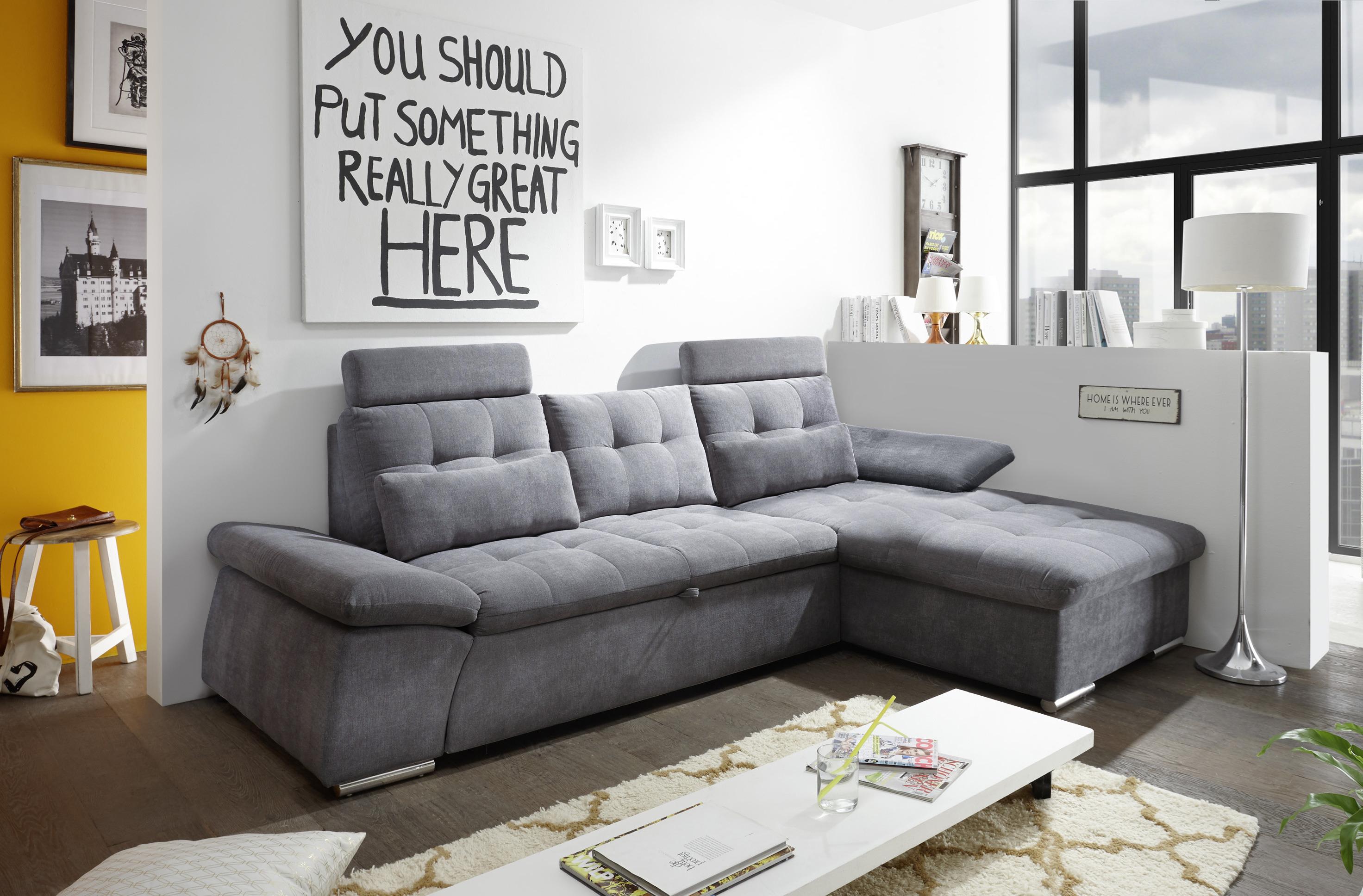 Ecksofa mit Schlaffunktion Nalo Longchair, Webstoff - Dunkelgrau/Silberfarben, KONVENTIONELL, Holzwerkstoff/Textil (268/170cm) - MID.YOU