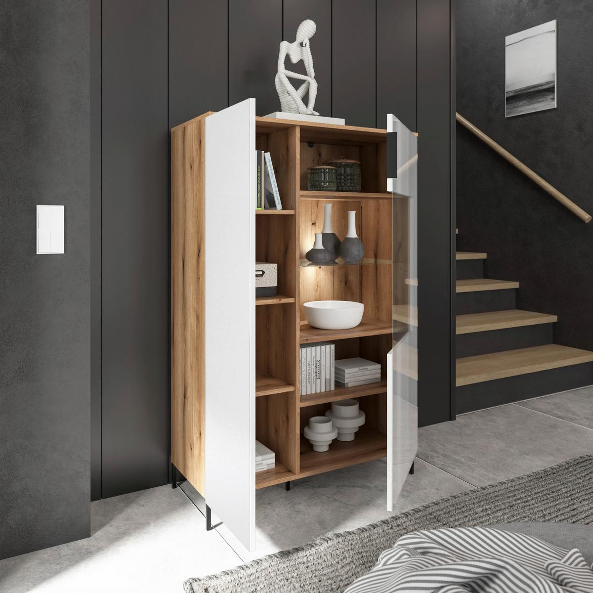 Highboard Austin 90 cm Eichefarben/Glasfront Weiss - Eichefarben/Schwarz, Trend, Glas/Holzwerkstoff (90/140/40cm)