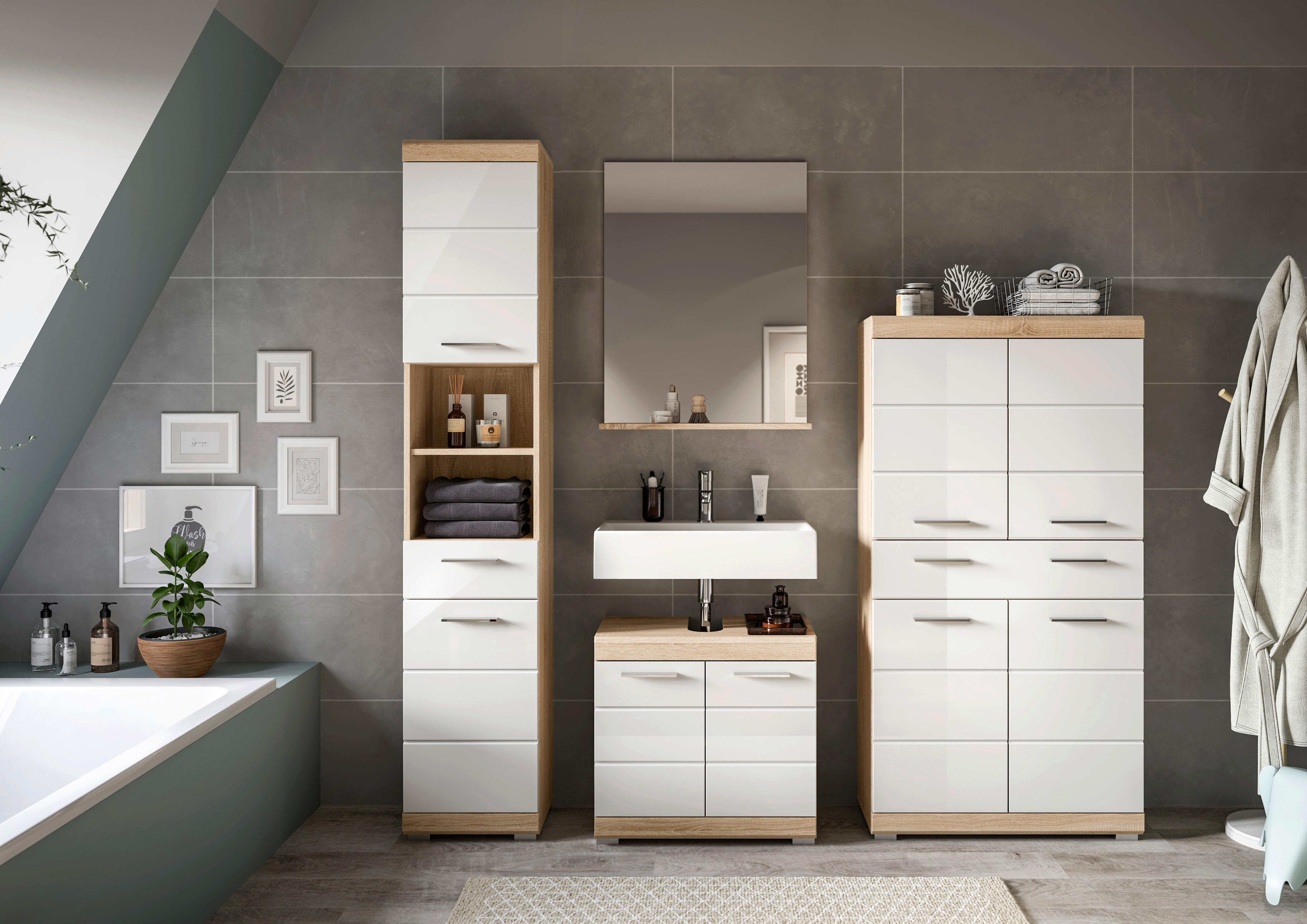 Badezimmer Lambada Eiche Dekor/Weiß B: 171 cm - Weiß Hochglanz/Silberfarben, MODERN, Glas/Holzwerkstoff (171cm) - MID.YOU