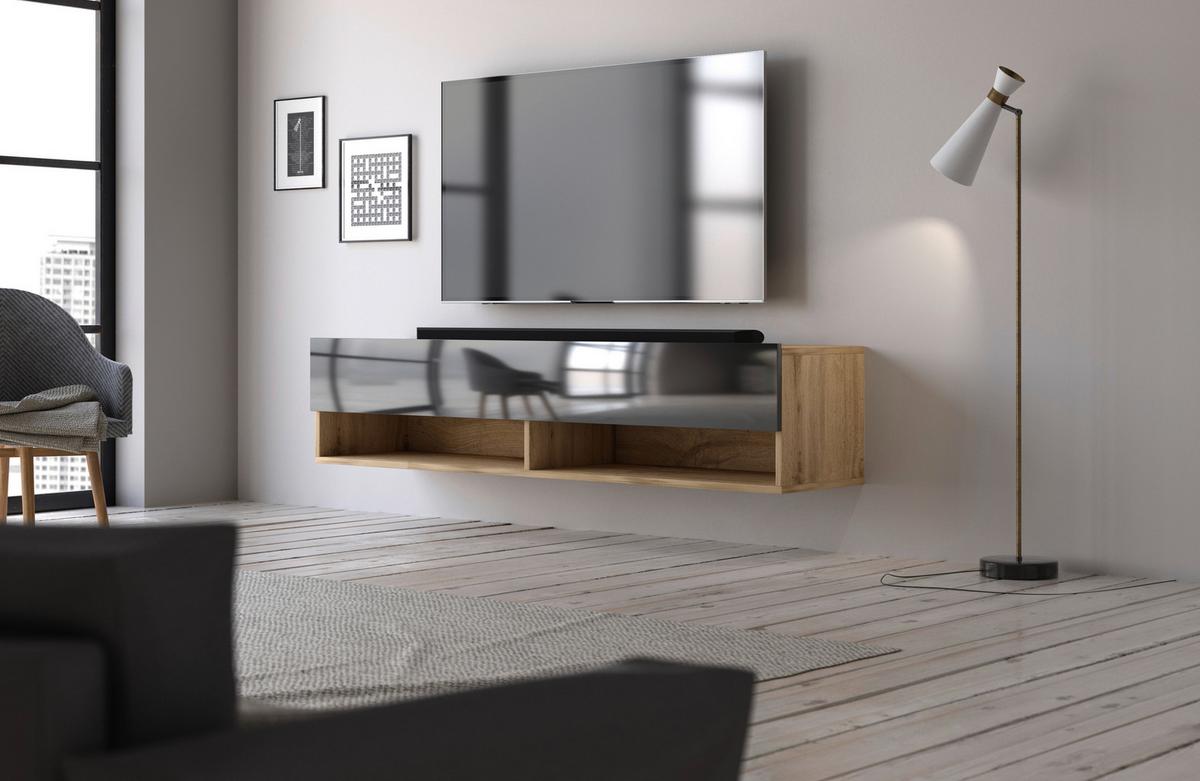 Lowboard Derby 140 - Schwarz Hochglanz/Eiche Wotan, Design, Holzwerkstoff (140/31,5/32,5cm) - Livetastic