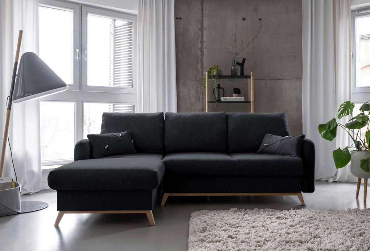 Sedačka LUCILE S, levá, tm.šedá, úl.prostor a lůžko - tmavě šedá/přírodní barvy, dřevo/textil (157/235cm) - MID.YOU