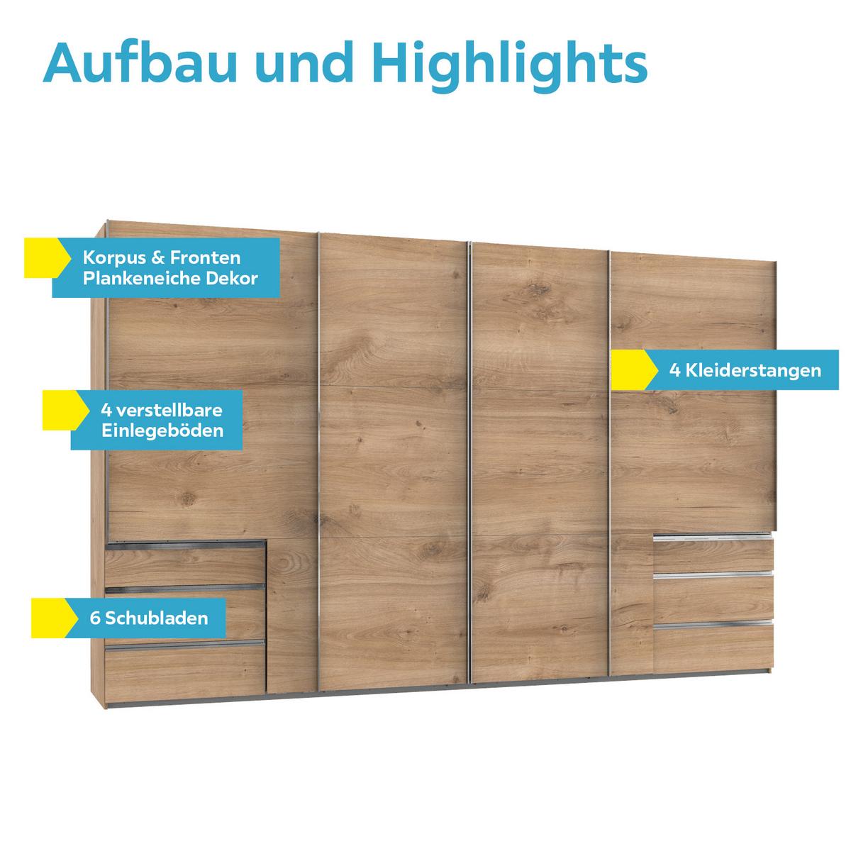 Schwebetürenschrank Mit Laden 350cm Level 36a, Eiche - Eichefarben, Basics, Holzwerkstoff (350,00/216,00/65,00cm) - MID.YOU