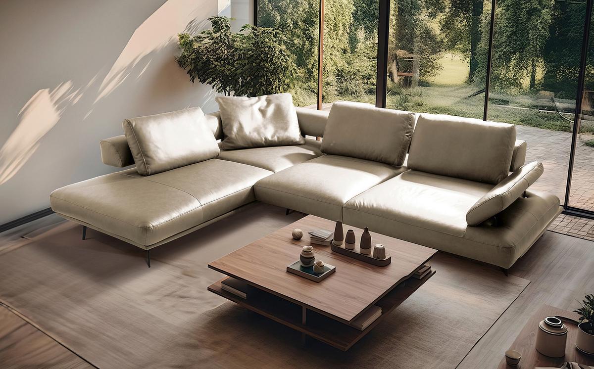 Ecksofa Como Echtleder Creme 237x306 - Creme/Schwarz, Design, Leder (237/306cm) - Livetastic