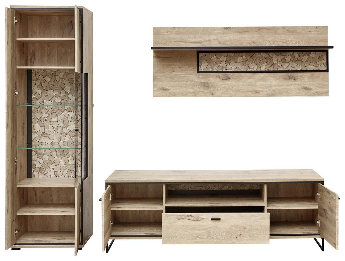 Wohnwand Ruben - Eichefarben/Schwarz, KONVENTIONELL, Glas/Holzwerkstoff (270/205/49cm) - Livetastic