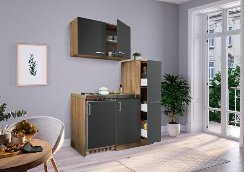 Miniküche mit Kühlschrank + Kochfeld 130 cm Grau/Eiche - Eichefarben/Grau, MODERN, Holzwerkstoff/Metall (130cm) - Respekta