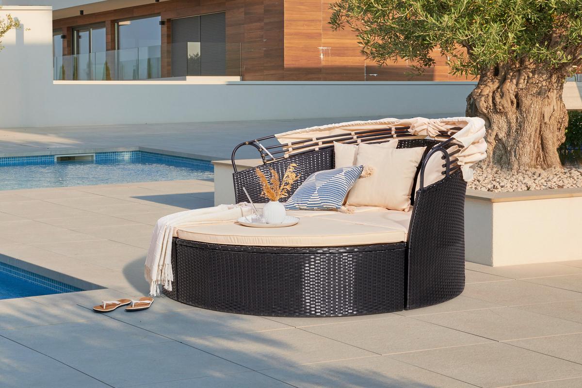 Sonneninsel Bali Schwarz/Beige Polyrattan, verstellbares Dach - Beige/Schwarz, MODERN, Kunststoff/Textil (180/80/81cm) - Luca Bessoni