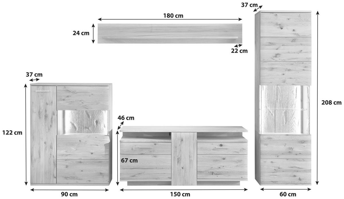 Wohnwand Santori Eiche teilmassiv - Eichefarben/Schwarz, Design, Glas/Holz (320/208/45cm) - Livetastic