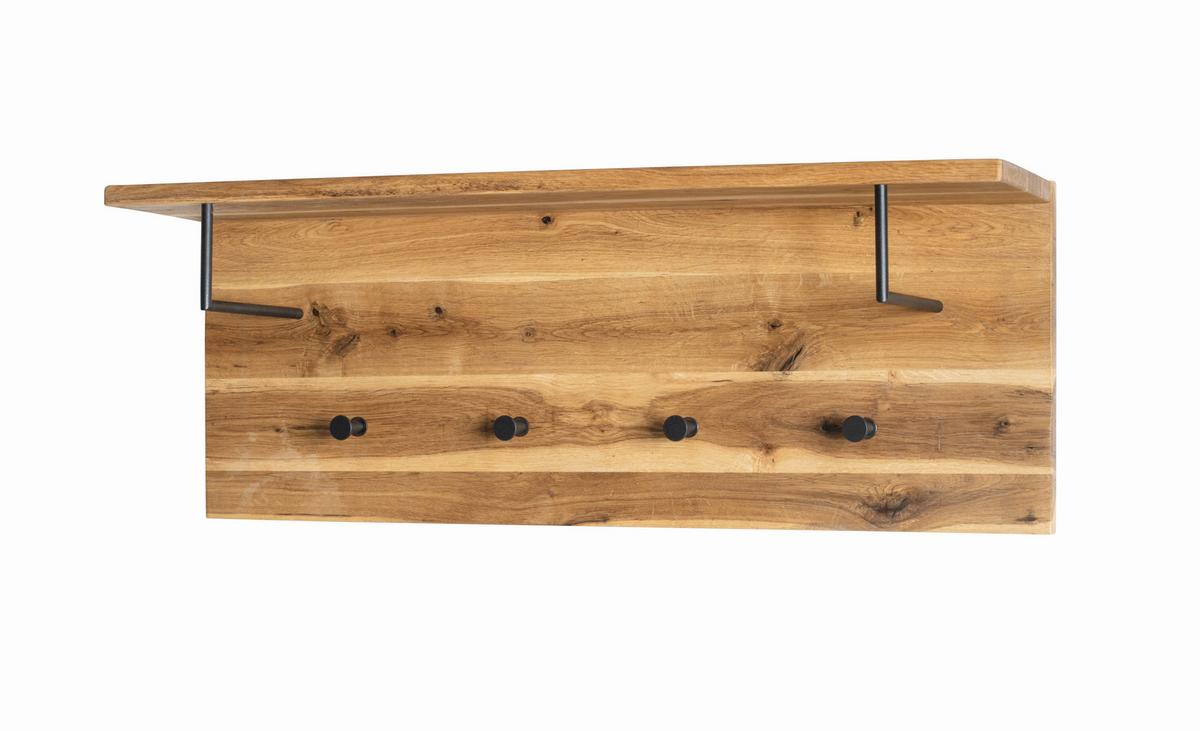 Garderobenpaneel Eiche Massiv Hutablage 4 Haken B: 80 cm - Eichefarben/Schwarz, Basics, Holz/Metall (80/30/20cm)