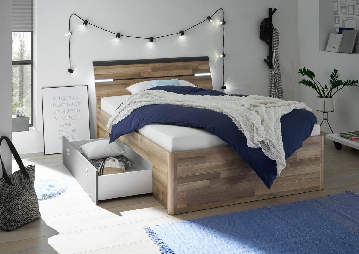 Stauraumbett Mit Beleuchtung 160x200 Cm Mars Eiche Dekor - Eichefarben/Dunkelgrau, KONVENTIONELL, Holzwerkstoff (160/200cm) - MID.YOU