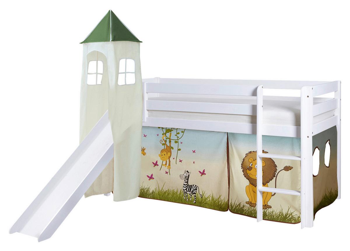Posteľ s priestorom na hru KASPER záves SAFARI - viacfarebná/biela, Natur, drevo (90/200cm) - MID.YOU