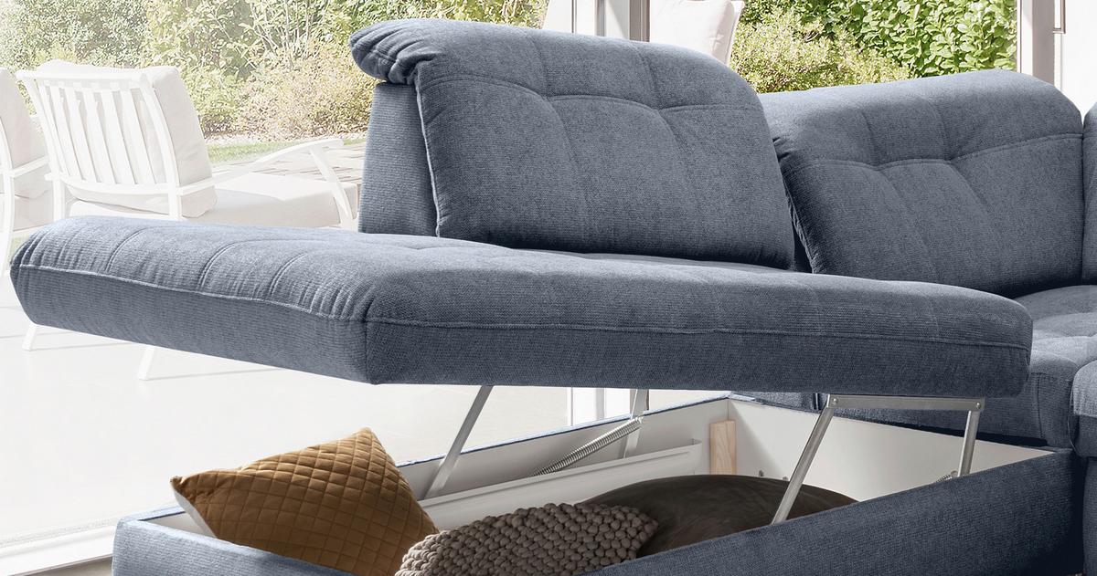 Wohnlandschaft mit Bettkasten Rigatti Hellblau B: 387 cm - Schwarz/Hellblau, MODERN, Textil (252/387/184cm) - Livetastic