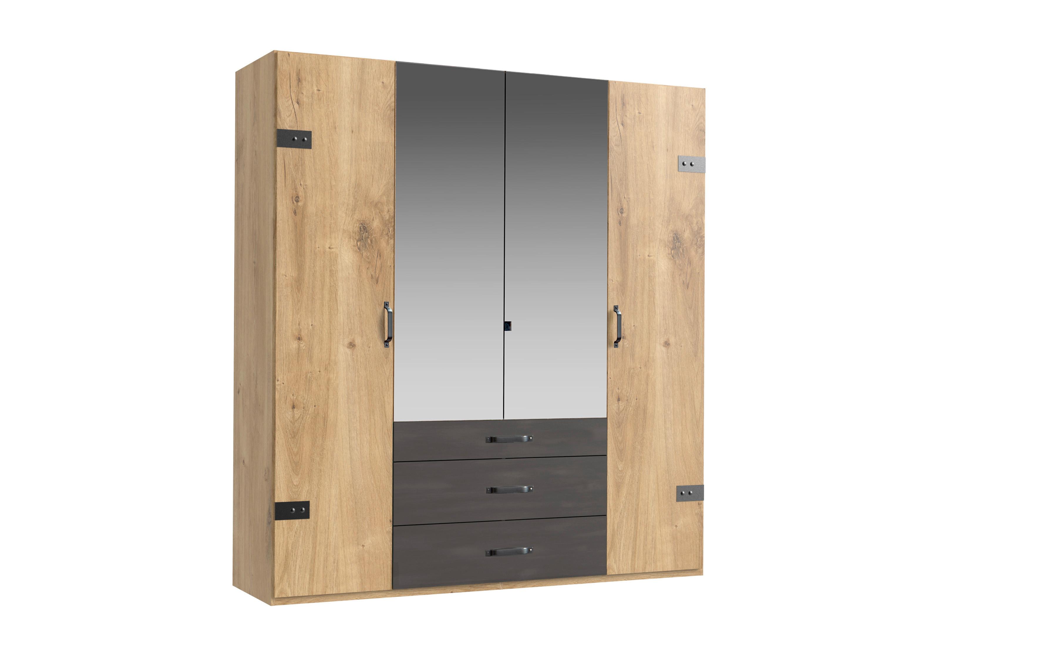 Drehtürenschrank mit Spiegel + Laden 200cm Detroit, Eiche - Eichefarben/Silberfarben, Basics, Holzwerkstoff (200/216/58cm) - MID.YOU