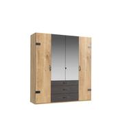 Drehtürenschrank mit Spiegel + Laden 200cm Detroit, Eiche - Eichefarben/Silberfarben, Basics, Holzwerkstoff (200/216/58cm) - MID.YOU
