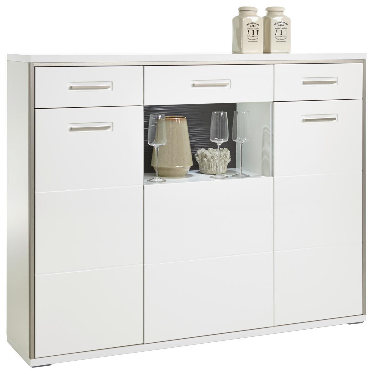 Highboard B: 153 cm Trento Grau/Silberfarben/Weiß - Weiß Hochglanz/Silberfarben, Design, Glas/Holzwerkstoff (153/121/45cm) - Livetastic