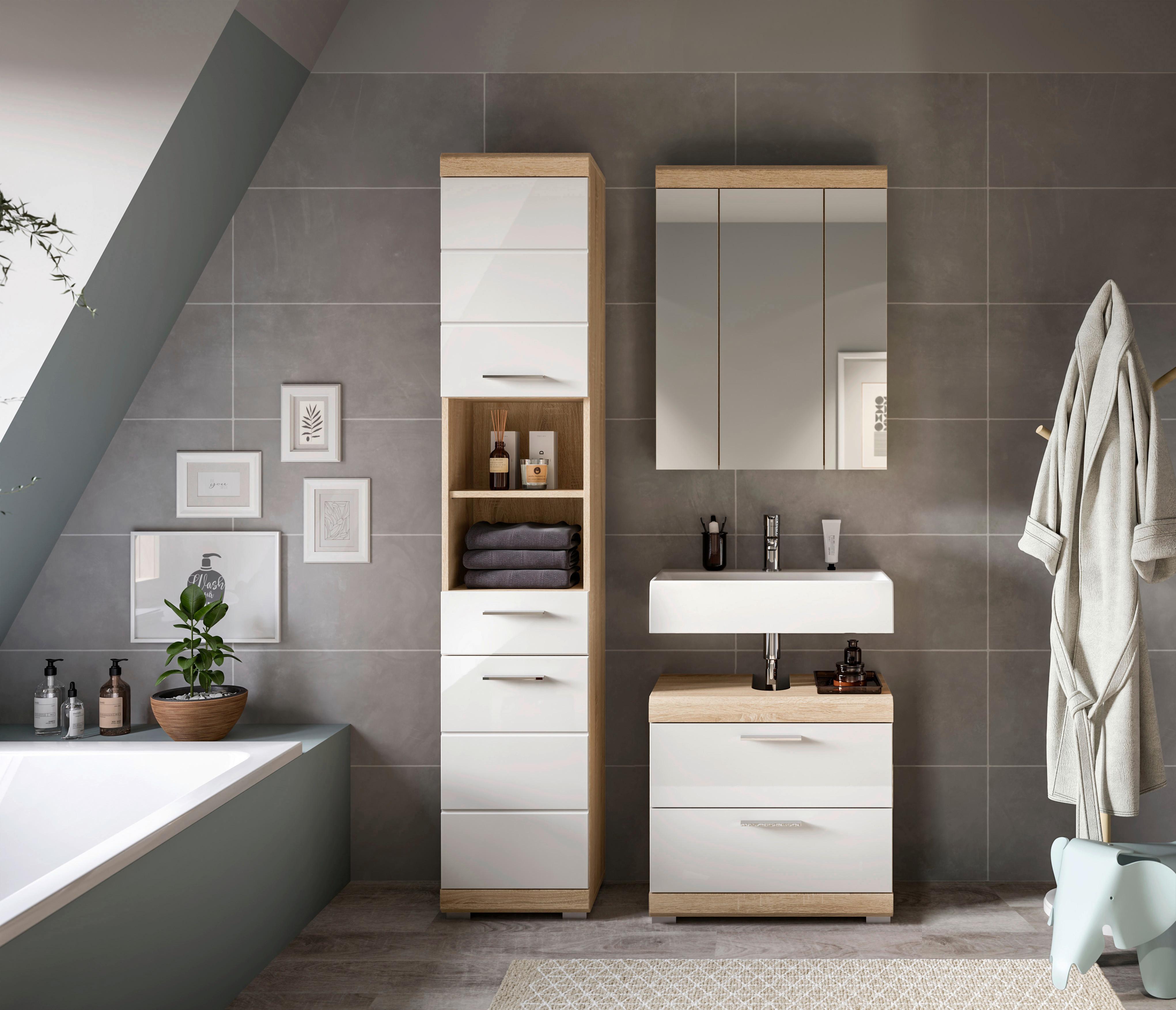 Badezimmer Lambada Eiche Dekor/weiß B: 97 Cm - Weiß Hochglanz/Silberfarben, MODERN, Glas/Holzwerkstoff (97cm) - MID.YOU