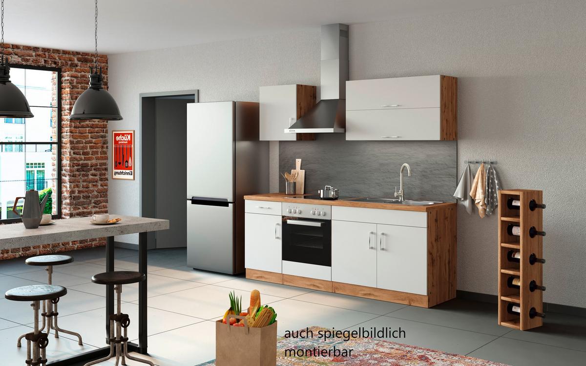 Küchenzeile Sorrento Mit Geräten B: 210 cm Weiß - Eiche Wotan/Weiß, MODERN, Holzwerkstoff (210cm) - Held