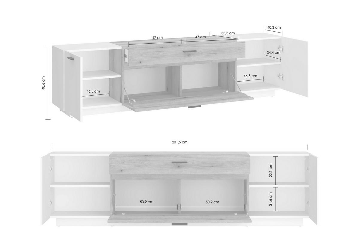 Tv-element Dalano Weiß/eichefarben B: 201,5 Cm - Eichefarben/Schwarz, Trend, Holzwerkstoff (201,5/55,5/51,6cm) - MID.YOU