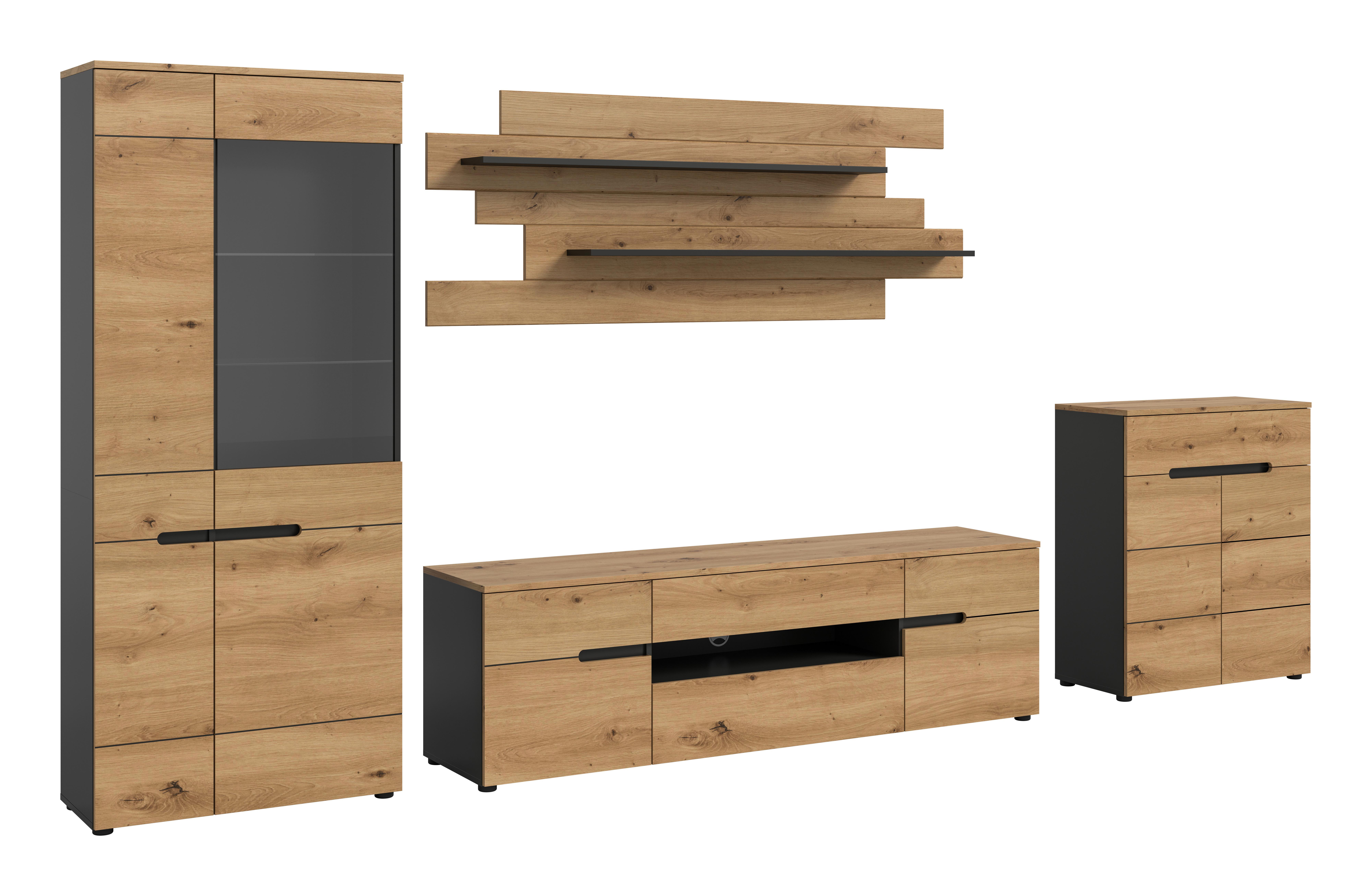 Wohnwand Canu Eiche Artisan Dekor B: 375cm - Schwarz/Eiche Artisan, Design, Holzwerkstoff (375/190/44cm) - Livetastic