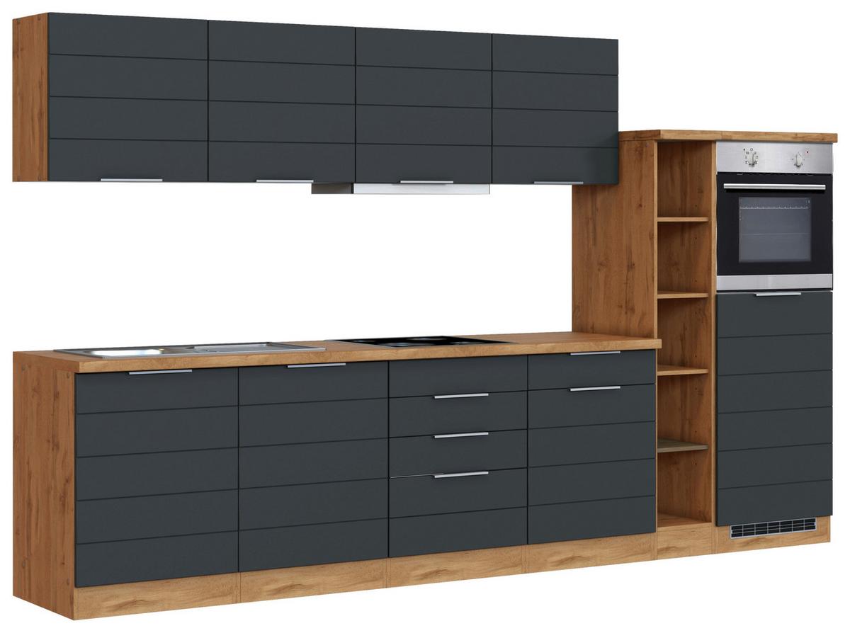 Küchenzeile Florenz Mit Geräte B: 330 cm Grau/Eiche - Eiche Wotan/Grau, Design, Holzwerkstoff (330cm) - Held