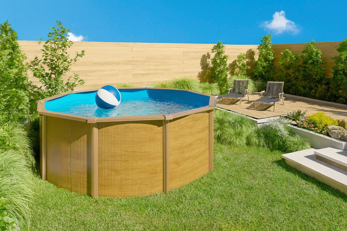 Pool-Set Steely De Luxe Wood 3-teilig, Laufruhige Pumpe - Hellbraun/Hellblau, Basics, Metall (390/120cm)