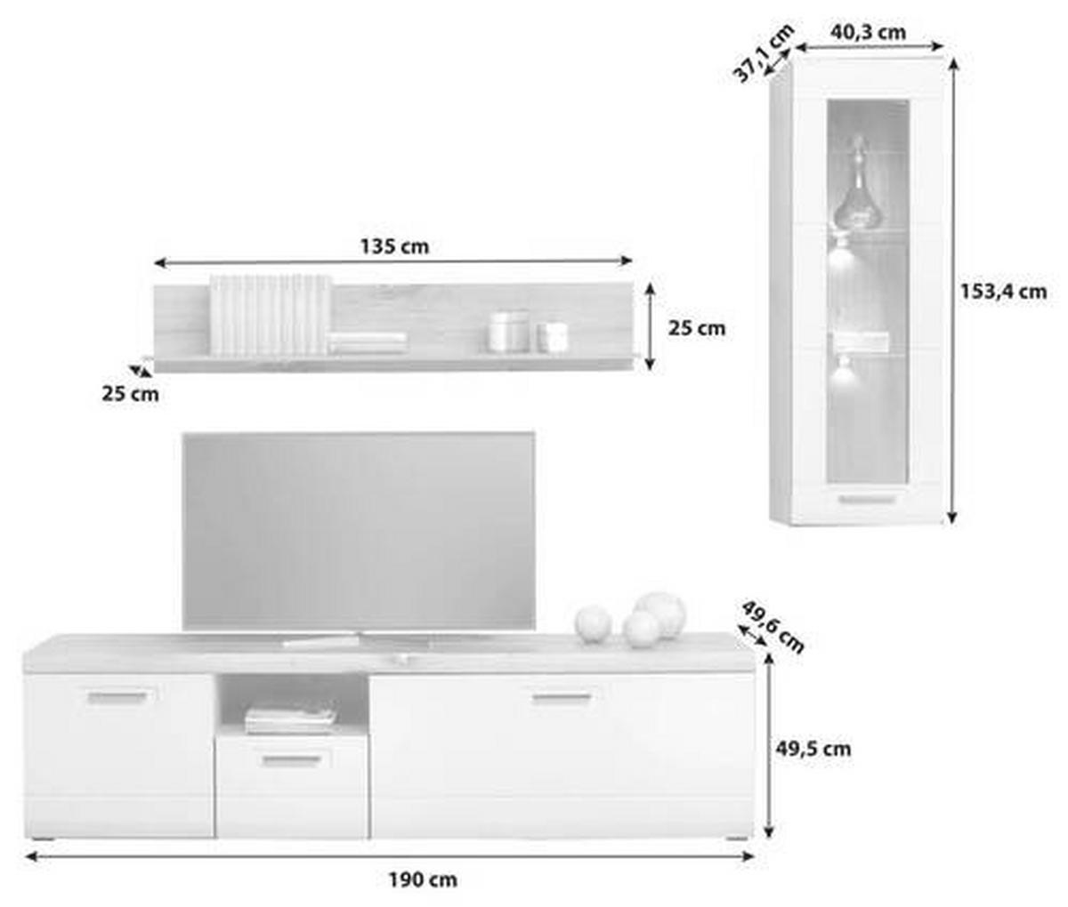 Wohnkombination 3-Tlg. Auris, Weiß/Eiche Dekor - Eichefarben/Weiß, MODERN, Glas/Holzwerkstoff (230,3/204,2/49,6cm) - Luca Bessoni