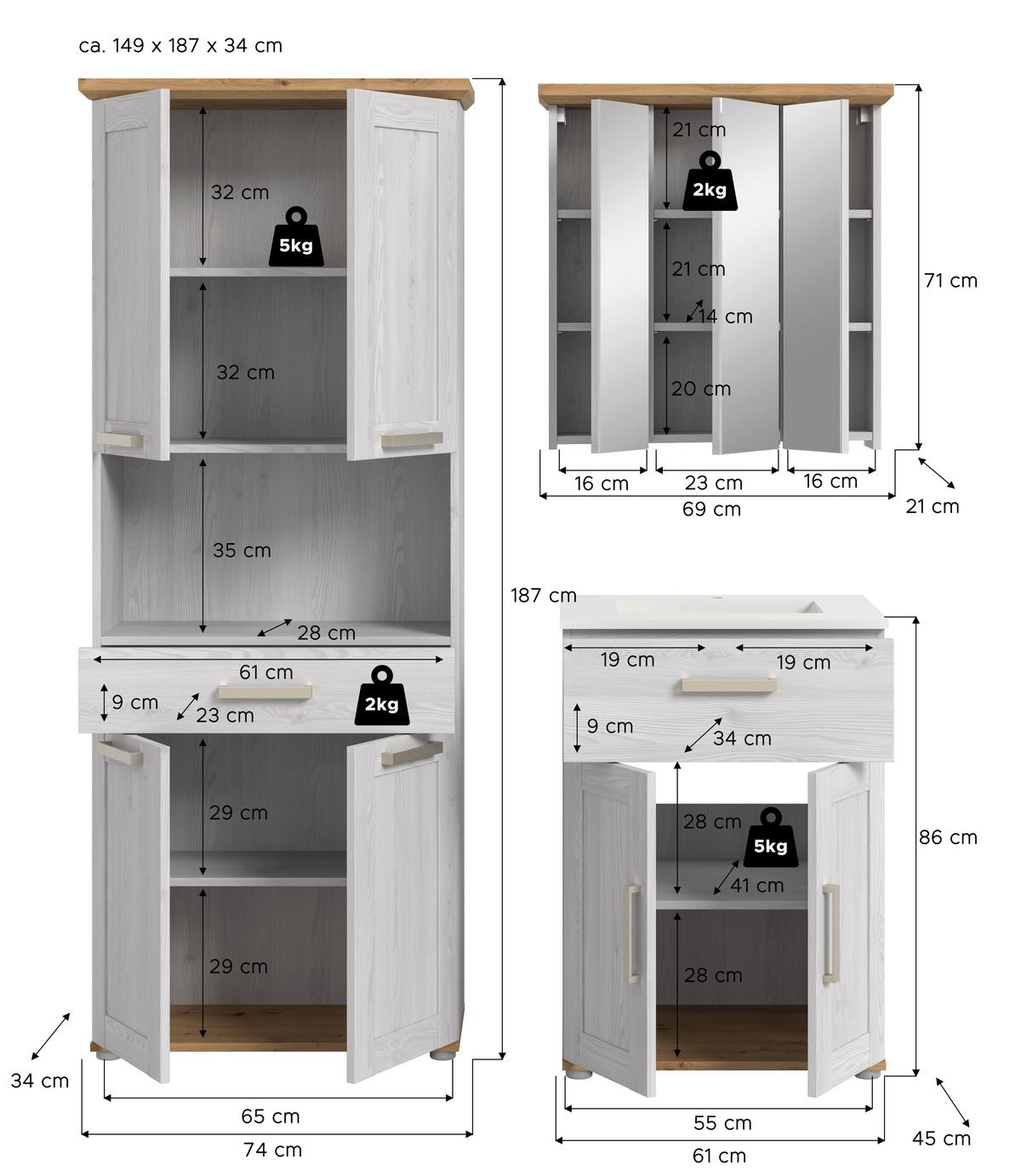 Badezimmer Verona Eiche Dekor /Lärchefarben B: 135cm - Silberfarben/Lärchefarben, Trend, Glas/Keramik (135cm) - MID.YOU