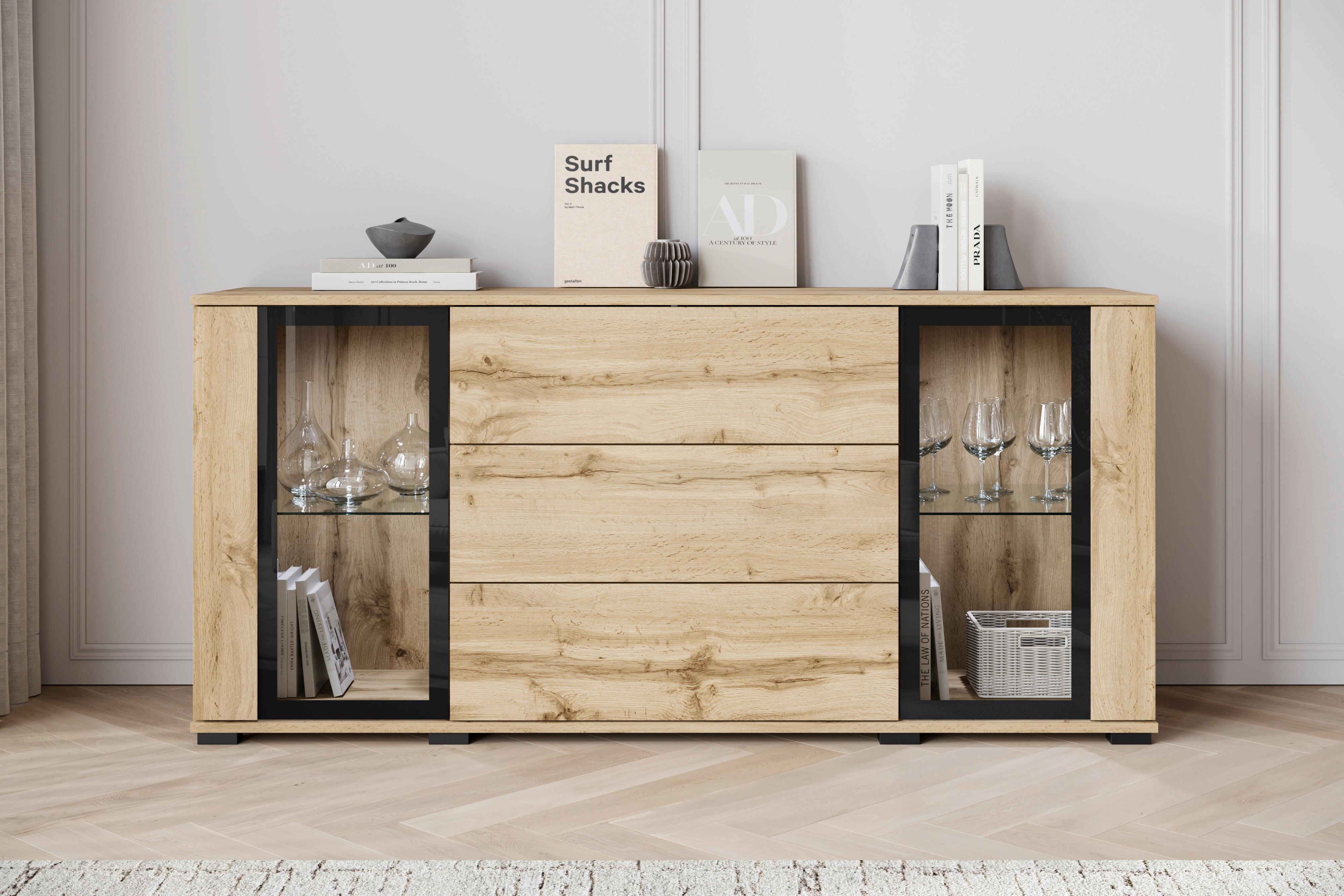 Kommode Caro Eiche Wotan B: 150 cm - Eiche Wotan/Schwarz, Design, Glas/Holzwerkstoff (150/69,7/39,5cm) - P & B