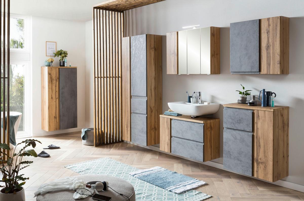 Badezimmer Unterschrank Varese BxH 65x79 cm Grau/ Eiche Dekor - Eiche Wotan/Hellgrau, MODERN, Holzwerkstoff (65/79/35cm) - Held