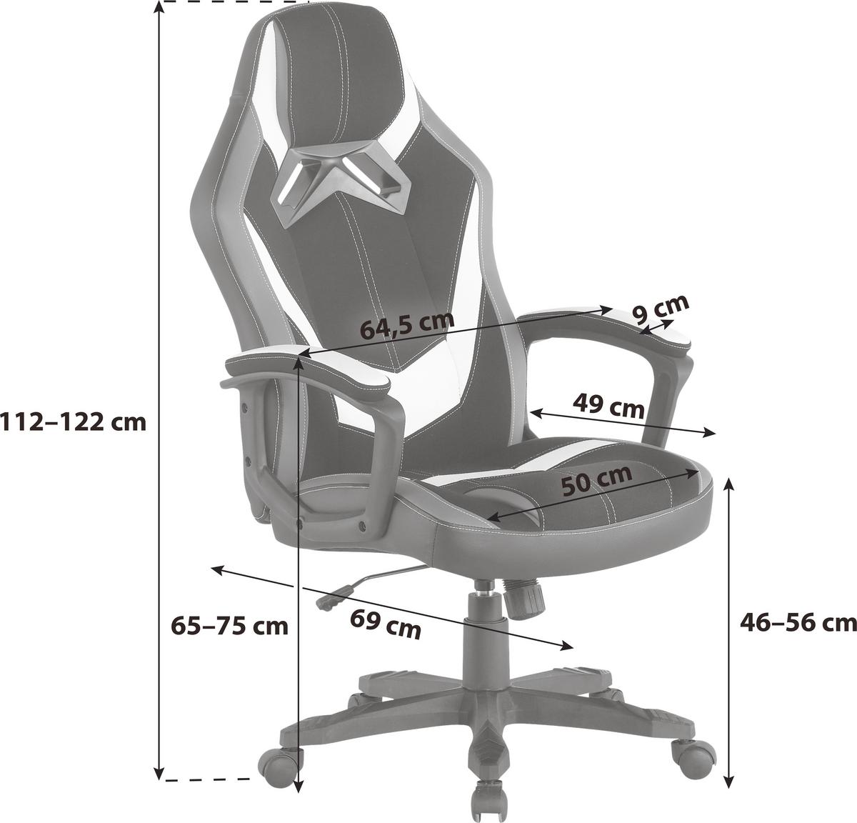 Gaming Stuhl Livetastic Yale Grau/schwarz/weiß - Schwarz/Weiß, Design, Kunststoff/Textil (64,5/112-122/69cm) - Livetastic