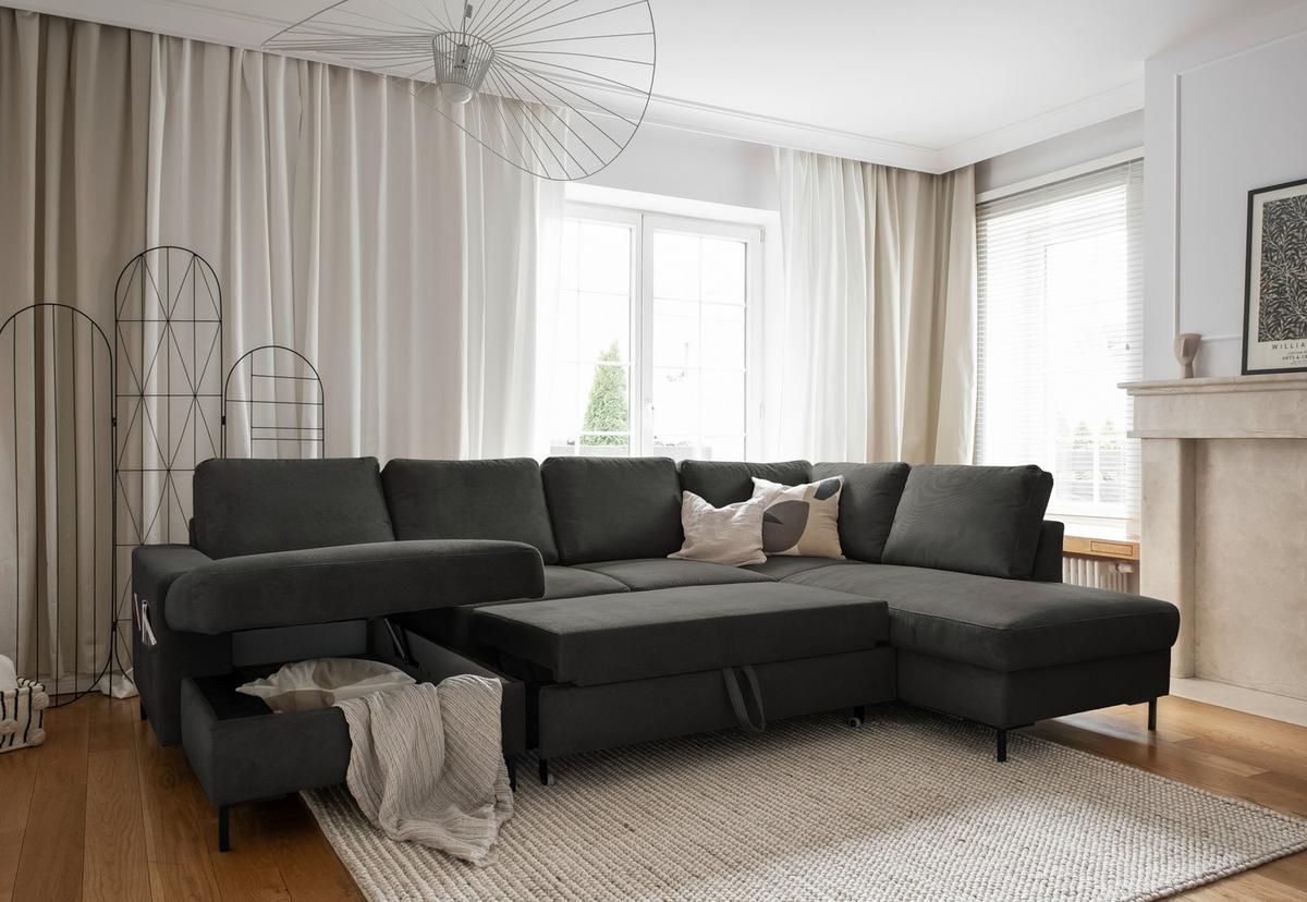 Sedačka LEONIE U, pravá, šedý manšestr - šedá/černá, Design, kov/dřevo (148/303/197cm)