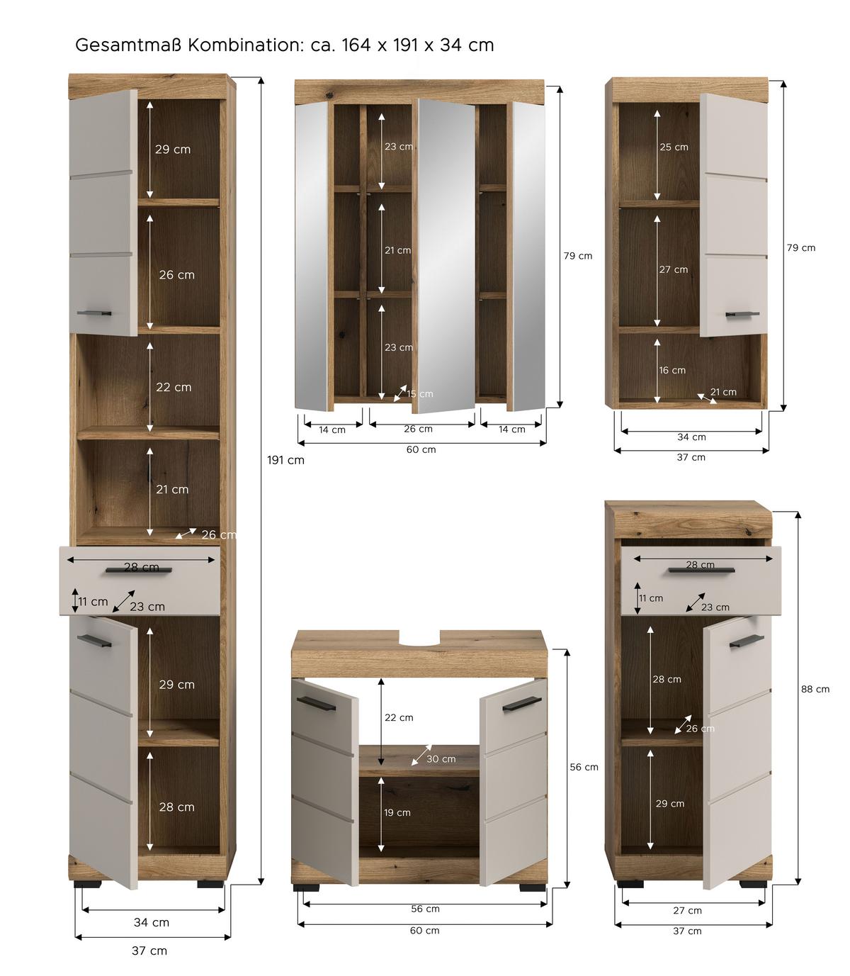 Badezimmer Scout Kaschmir/Naturfarbe B: 134 cm - Kaschmir/Schwarz, MODERN, Glas/Holzwerkstoff (134cm) - MID.YOU