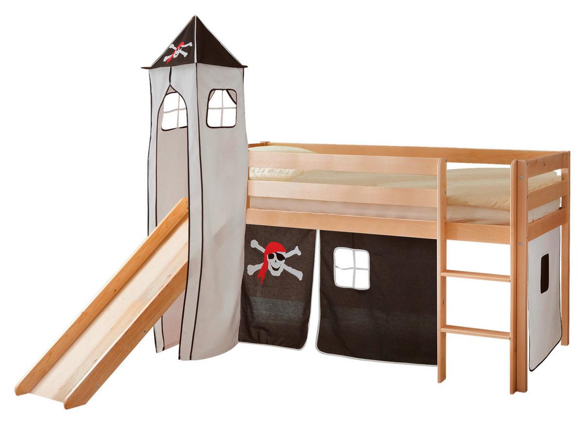 Posteľ s priestorom na hru KASPER záves bielo-čierný - čierna/biela, Natur, drevo (90/200cm) - MID.YOU