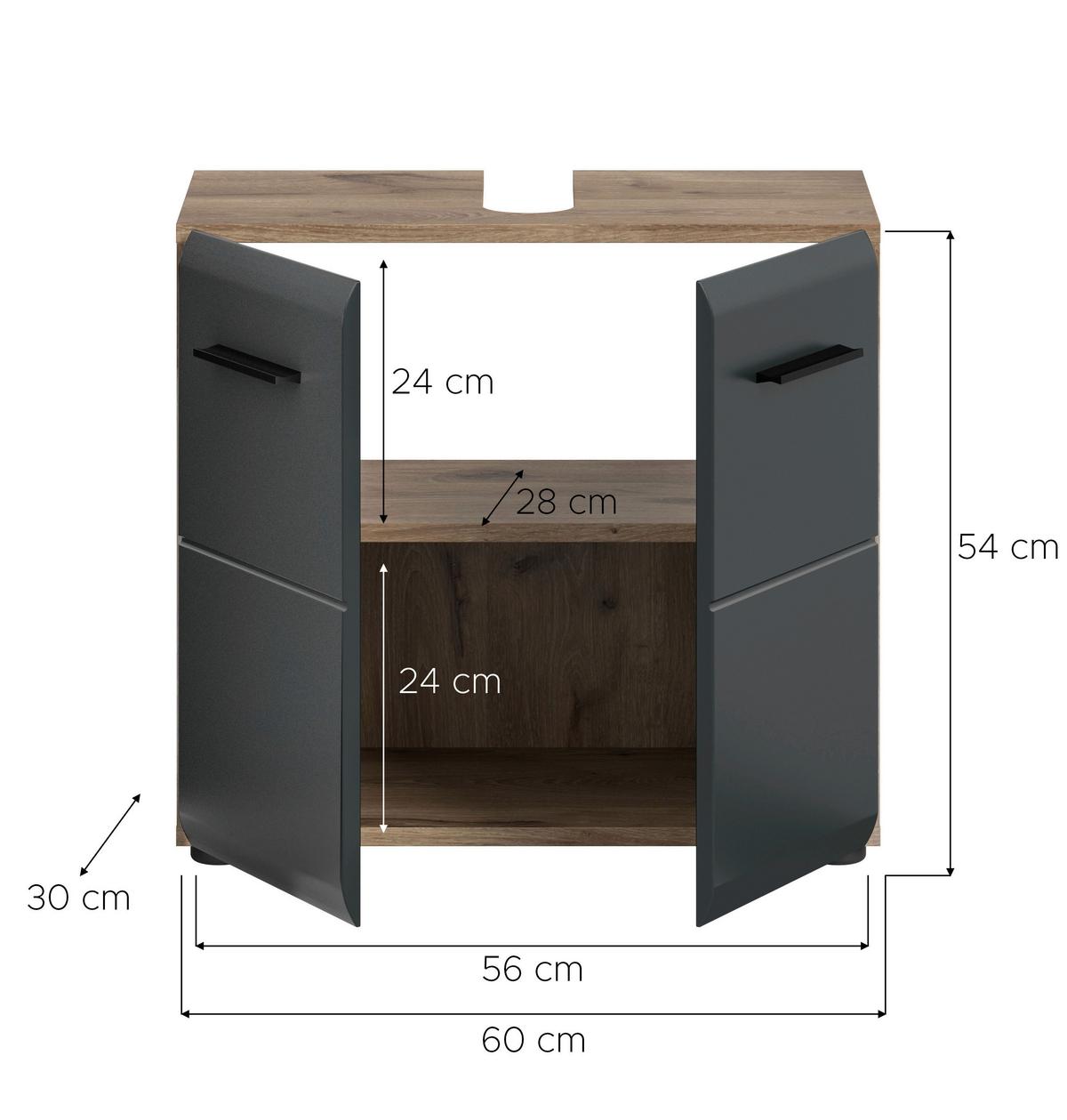 Waschbeckenunterschrank Ice Schwarz/Eiche Dekor B: 60cm - Eiche dunkel/Schwarz, Basics, Holzwerkstoff (60/54/30cm) - MID.YOU