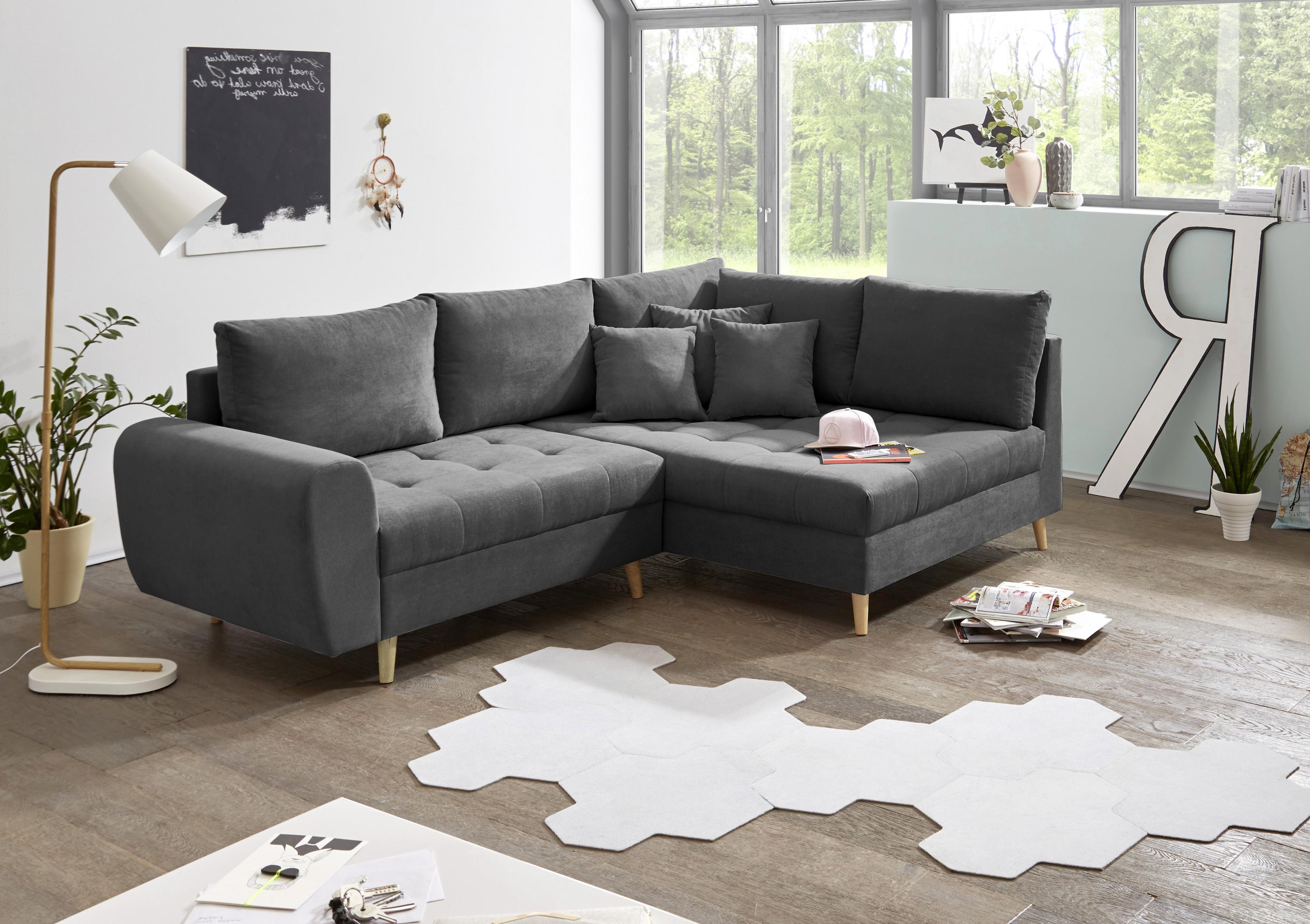 Ecksofa Alice Mit Kissen Anthrazit, Massivholz-Füße - Anthrazit/Kieferfarben, KONVENTIONELL, Holzwerkstoff/Textil (249/175cm) - MID.YOU