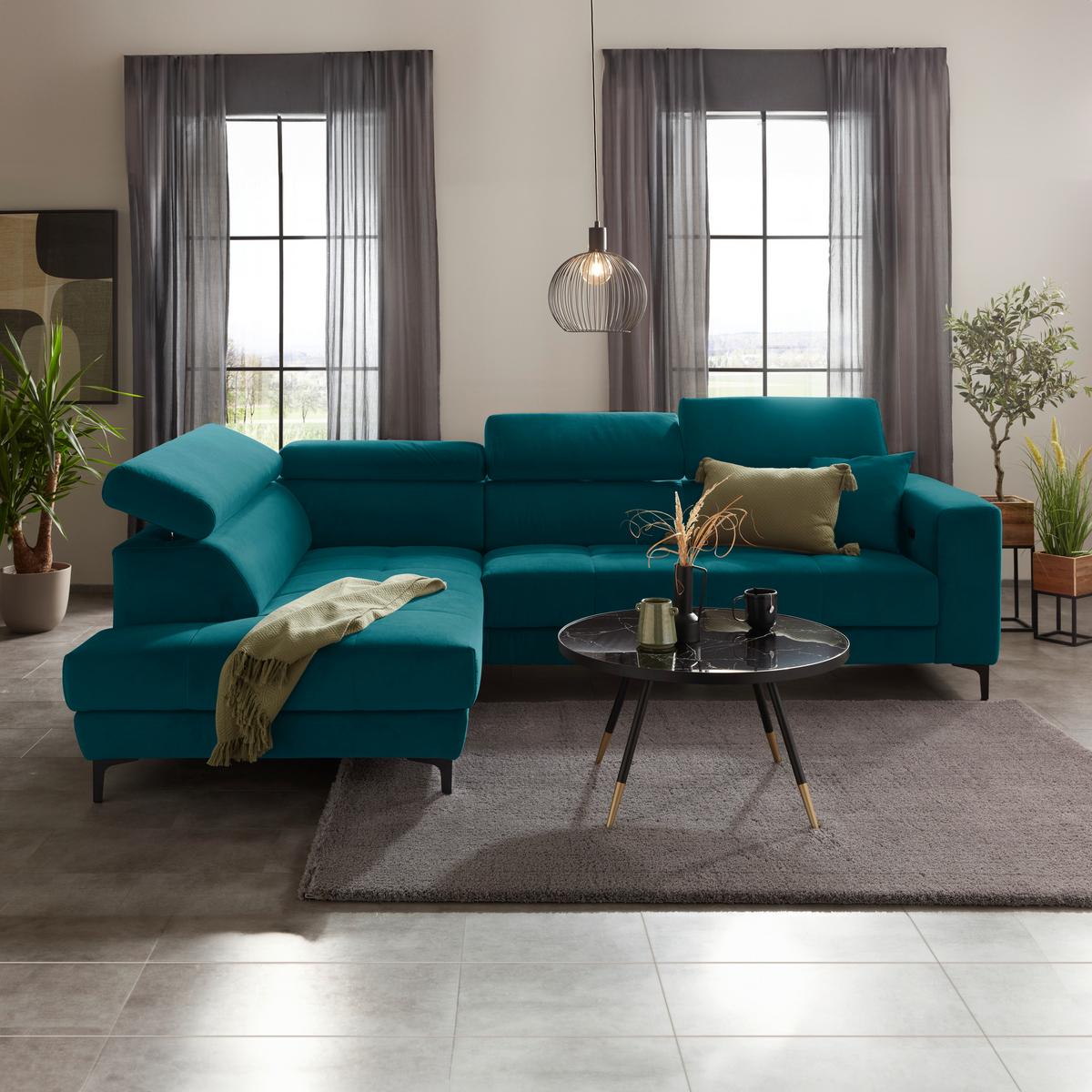 Rohová sedačka EMMA, levá, petrolej.,op.hl.,USB,el.výsuv - petrolej/černá, Moderní, textil (210/301cm) - Premium Living