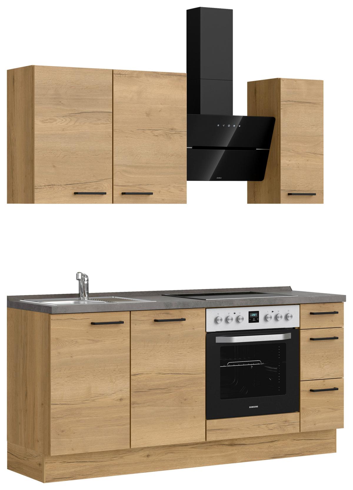 Kuchyňská linka 180 cm, dub Sierra - barvy dubu/černá, Moderní, kov/kompozitní dřevo (180cm) - Nobilia