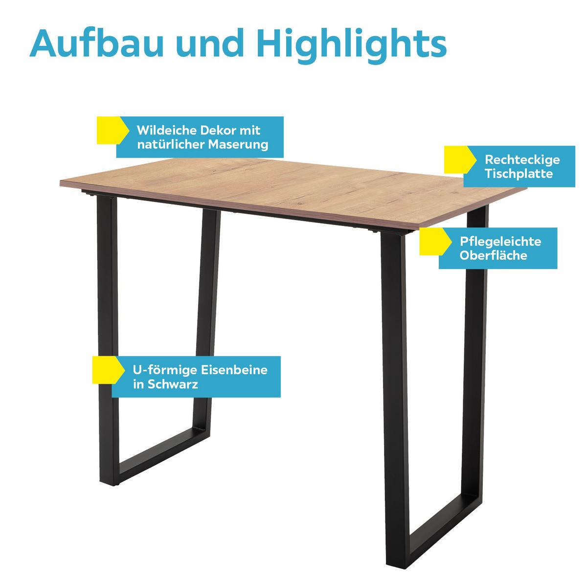 Esstisch La Serena 120x70 Cm Eiche Dekor/schwarz - Wildeiche/Schwarz, MODERN, Holzwerkstoff/Metall (120/95/70cm) - MID.YOU