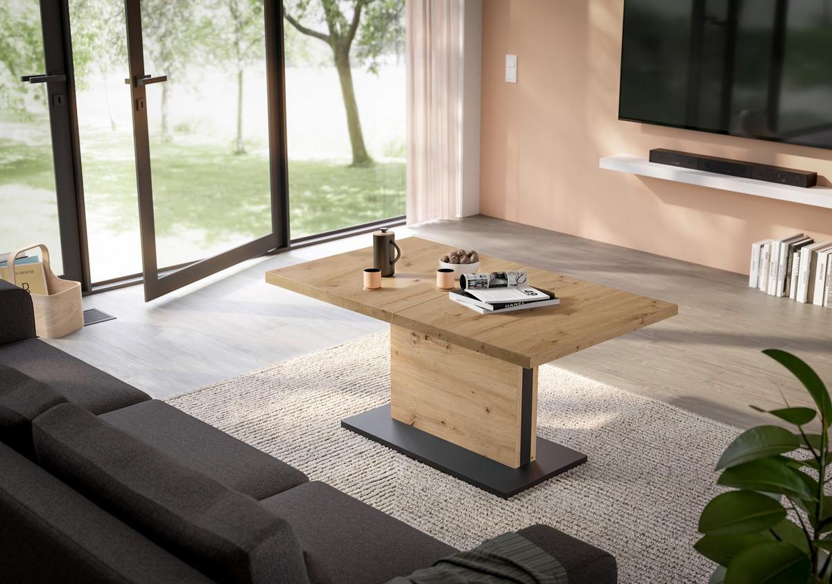 Couchtisch Lift Eiche Artisan/Schwarz B: 120cm - Schwarz/Eiche Artisan, Design, Holzwerkstoff/Metall (120-160/56-75/70cm) - MID.YOU