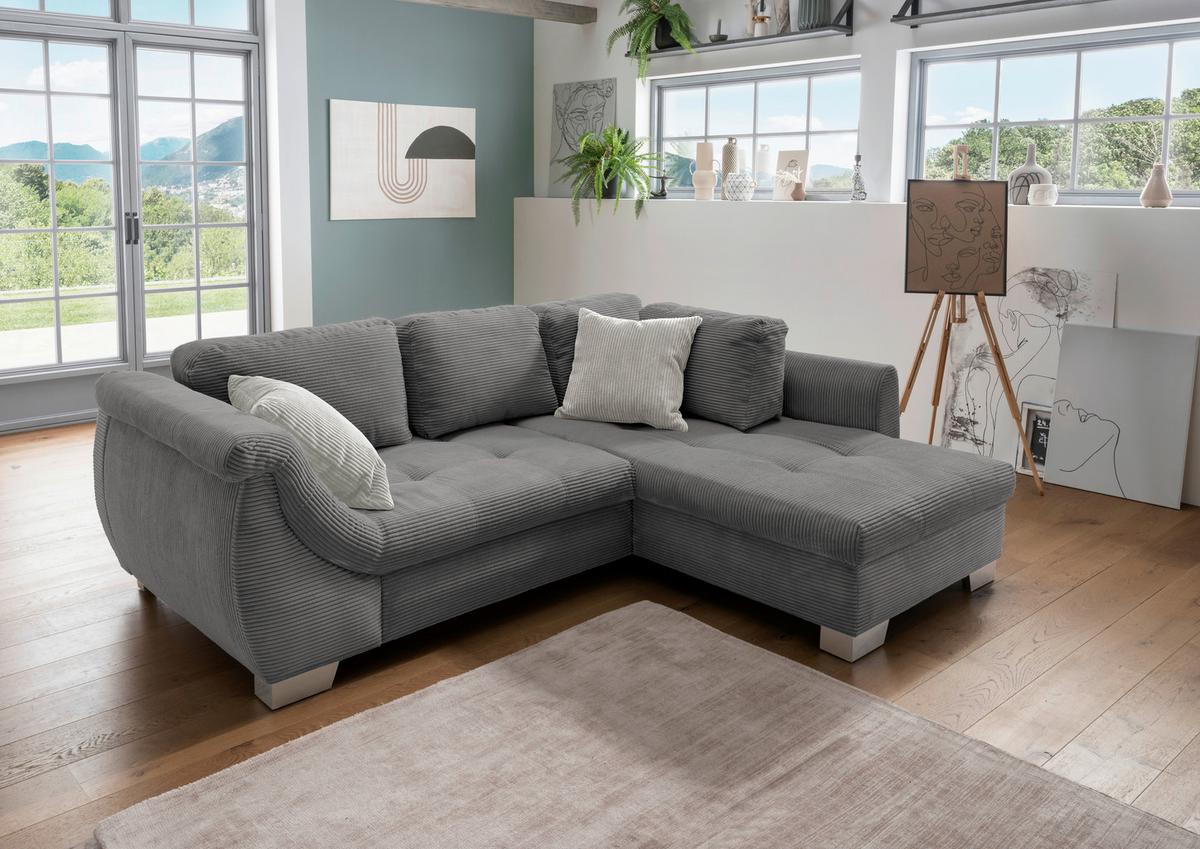 Ecksofa mit Schlaffunktion Flora Grau Cord - Silberfarben/Grau, Design, Textil (250/190cm) - MID.YOU