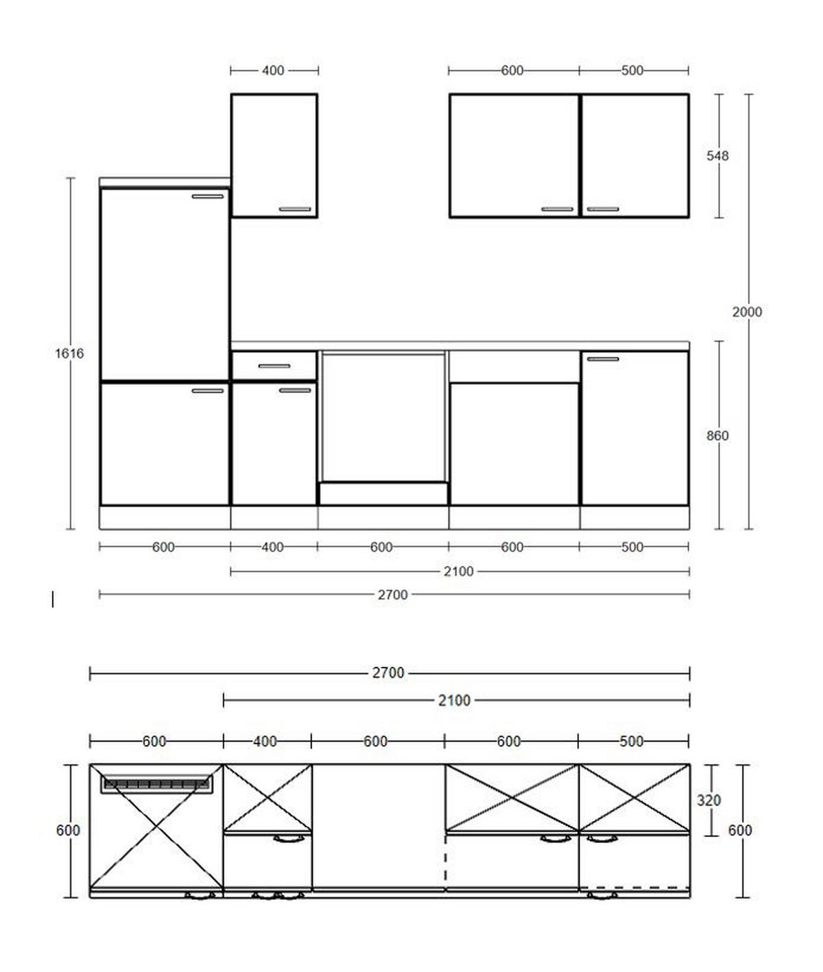 Kuchynský blok VENEZIA bez spotrebičov, šírka 270 cm - biela/farba duba, Modern, kompozitné drevo (270cm) - FlexWell