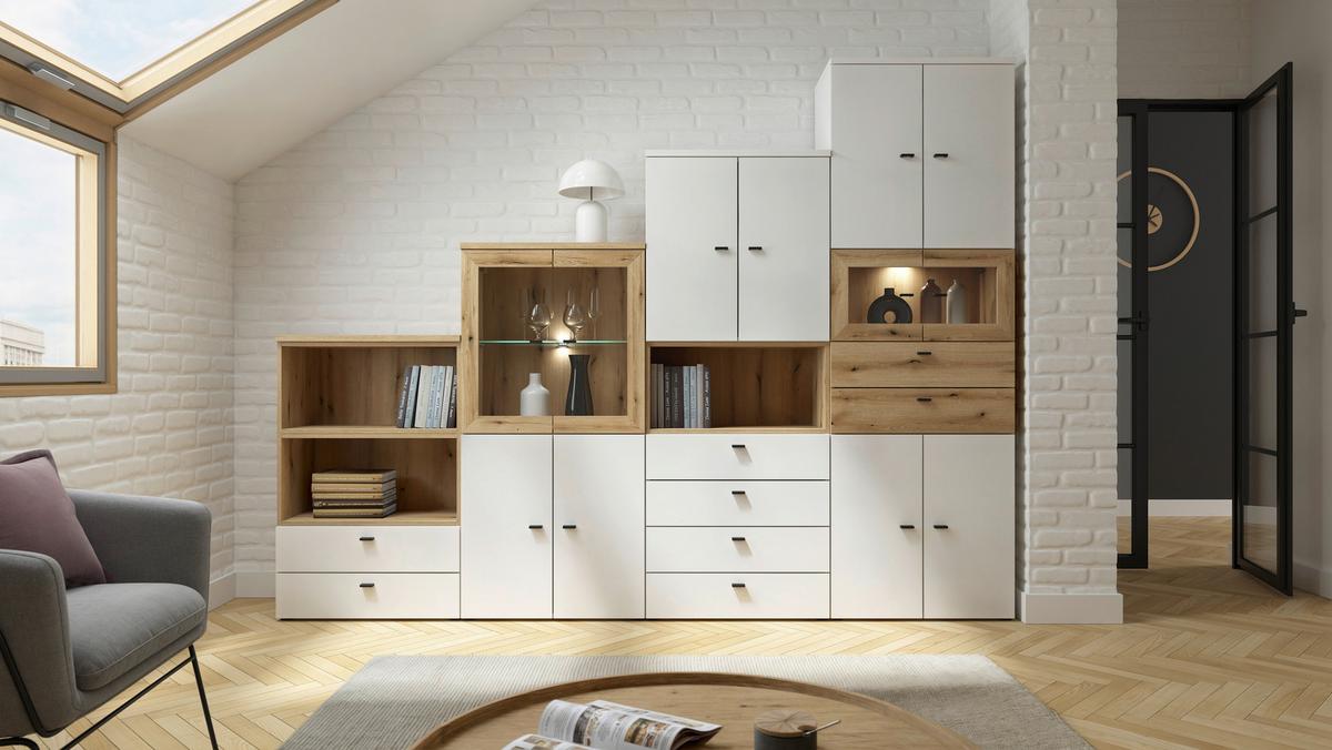 Stapelprogramm Sixty-Four - Eichefarben/Schwarz, Trend, Holzwerkstoff (256/192/35cm)