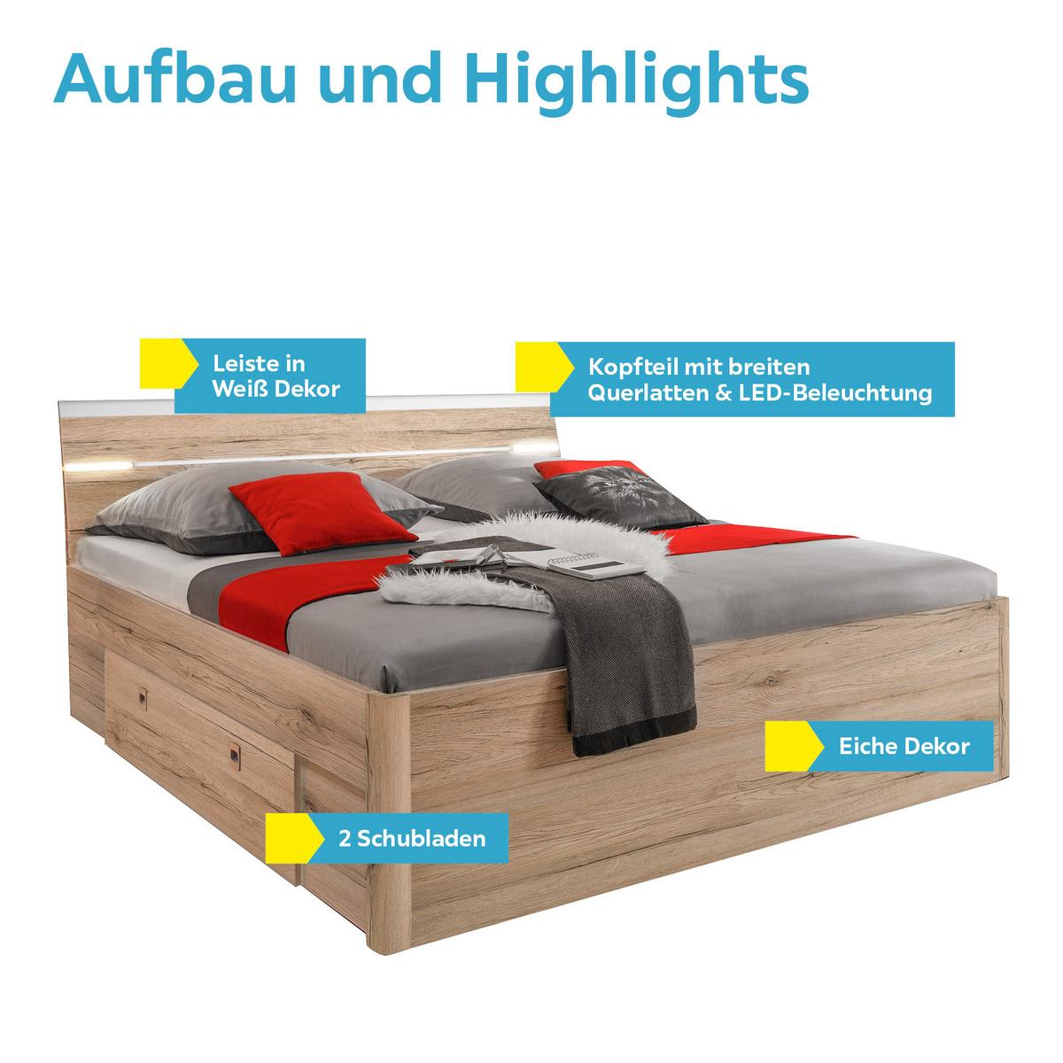 Bett inkl. Laden + Led 180x200 Mars, Eiche Dekor - Eichefarben/Eiche San Remo, MODERN, Holzwerkstoff (180/200cm) - MID.YOU