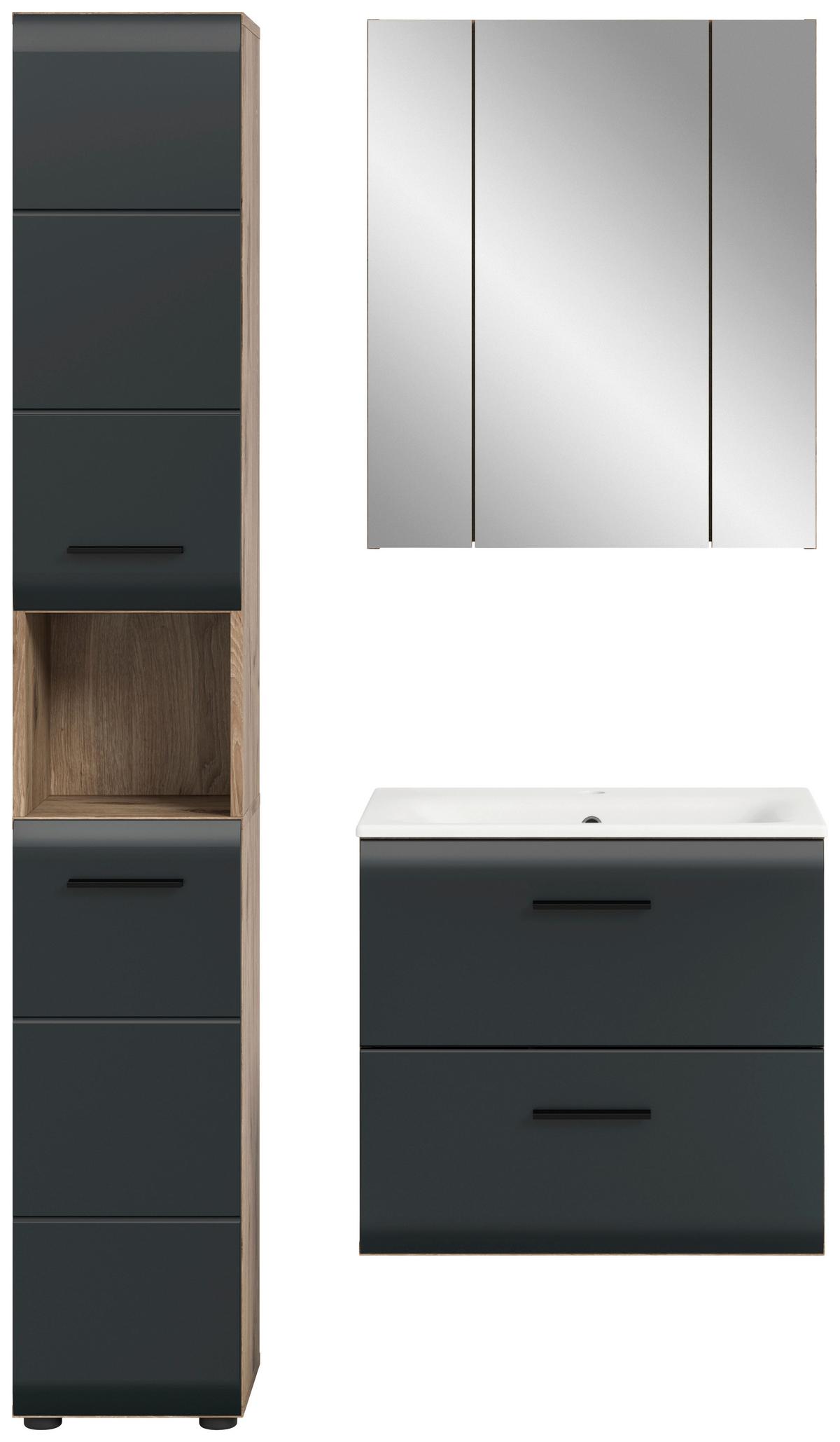 Koupelna Ice 3-dílna, černá/Dub tmavy - bílá/černá, Basics, kompozitní dřevo/plast (90cm) - MID.YOU