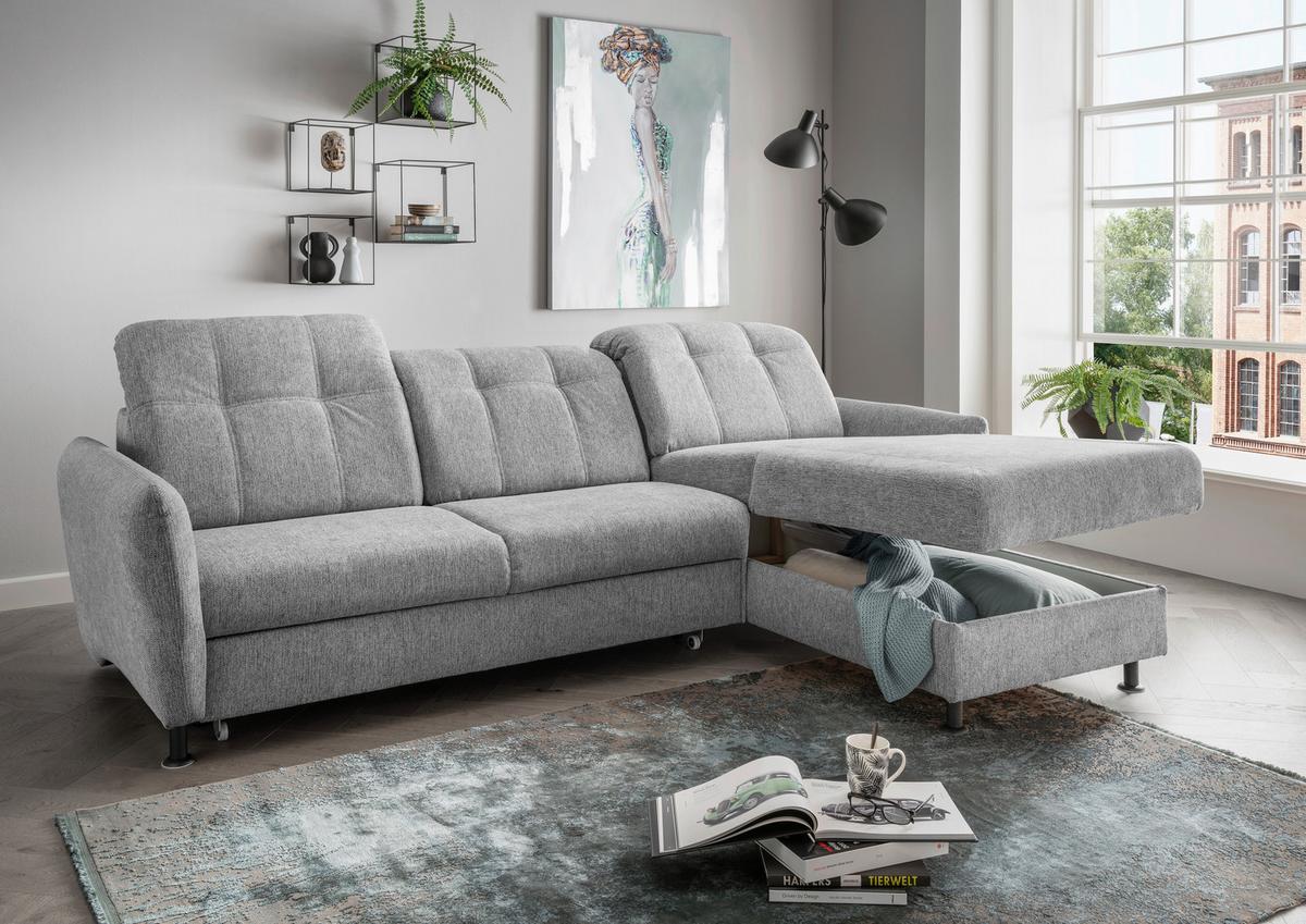 Ecksofa Minori Chenille Silberfarben, S: 267x184 cm - Silberfarben/Schwarz, MODERN, Textil (267/184cm) - Livetastic