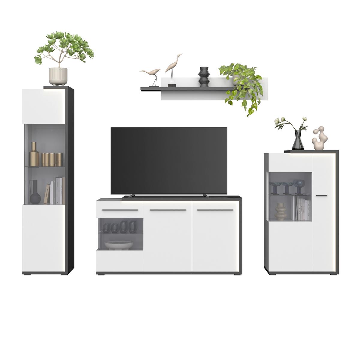 Wohnwand Ambiente Plus Anthrazit/ Weiß B: 300,2 cm - Weiß Hochglanz/Anthrazit, MODERN, Glas/Holzwerkstoff (300,2/199,1/43,6cm)