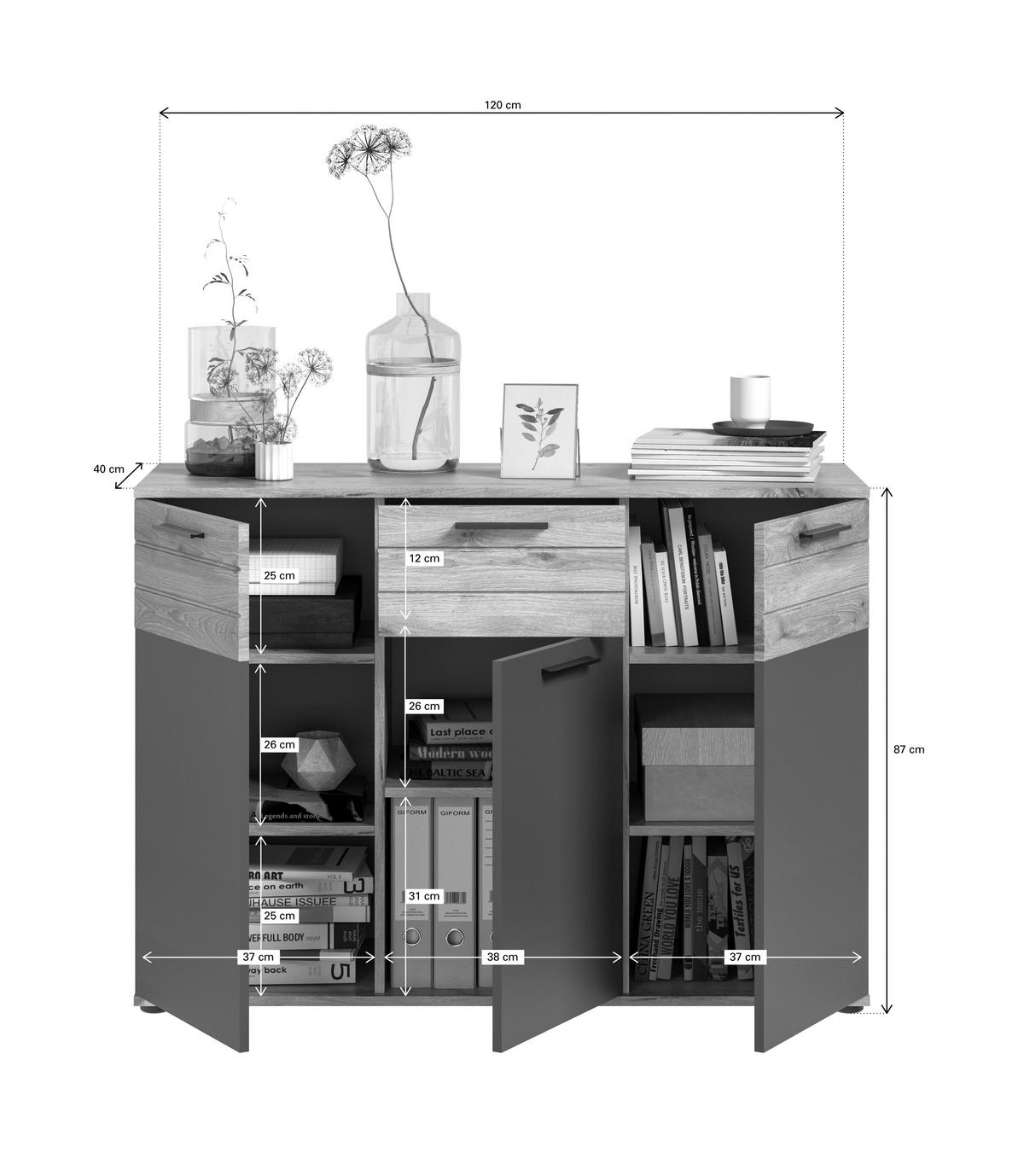Mason B: 120 Cm Nox Oak Mason - Eichefarben/Grau, Holzwerkstoff (120/87/40cm) - MID.YOU