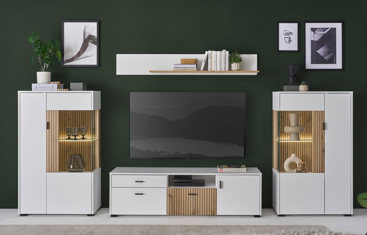 Hudson Wohnwand Weiß/Eichefarben B: 320 cm - Eichefarben/Schwarz, Design, Glas/Holzwerkstoff (320/180/42cm) - MID.YOU