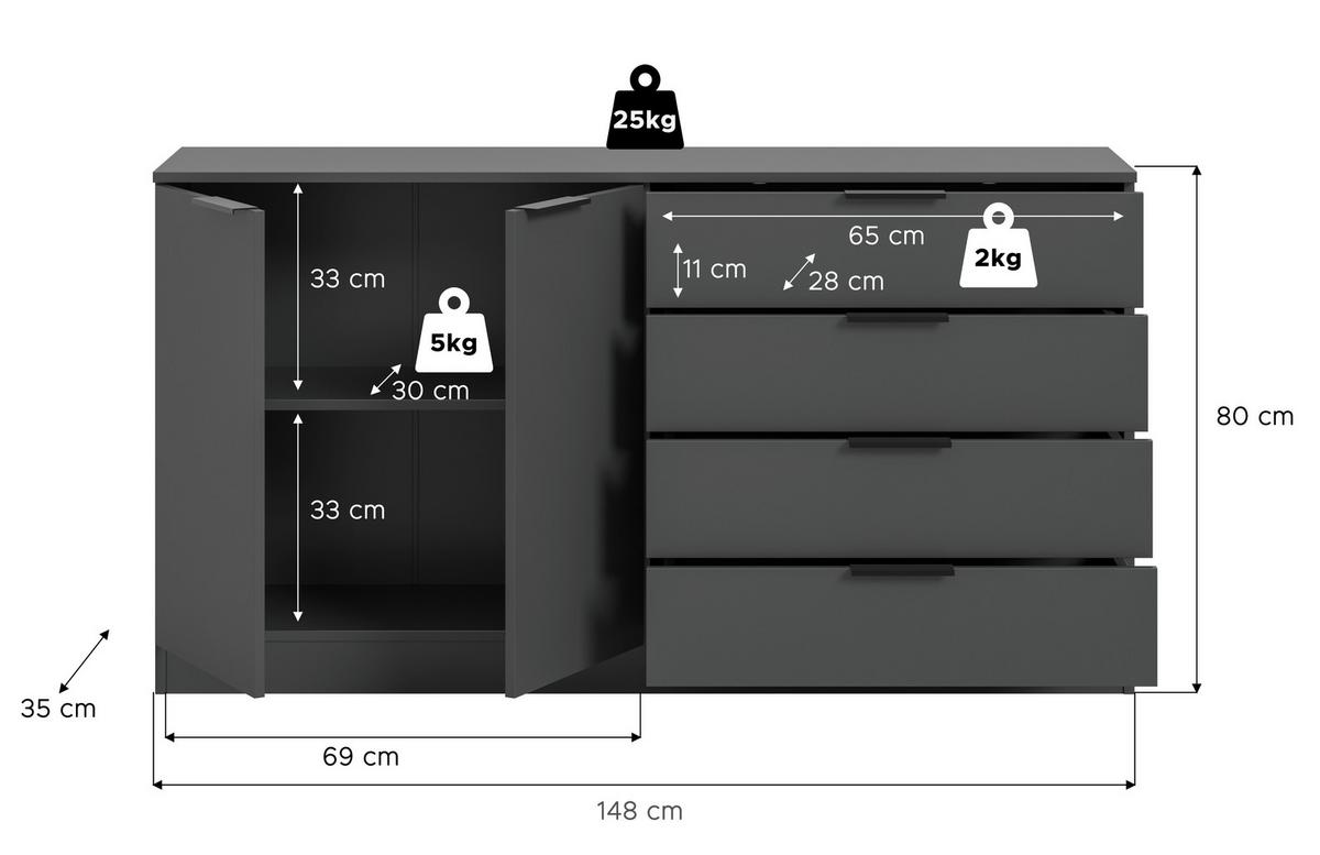 Kommode Kopenhagen Anthrazit, B: 148 Cm - Anthrazit/Schwarz, Design, Holzwerkstoff (148/80/35cm) - Livetastic