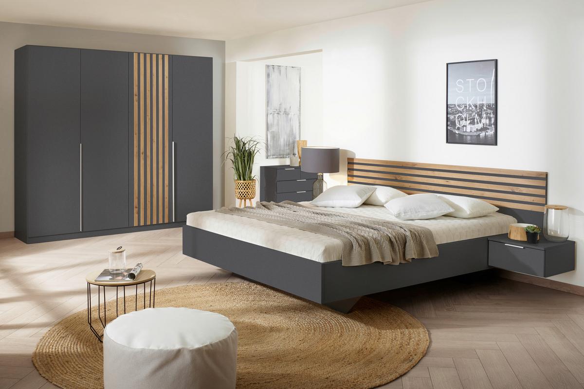 Bettanlage mit Nachtkästchen 180x200 cm Lamella Grau/Eiche - Eiche Artisan/Grau, MODERN, Holzwerkstoff (180/200cm) - Rauch Möbel